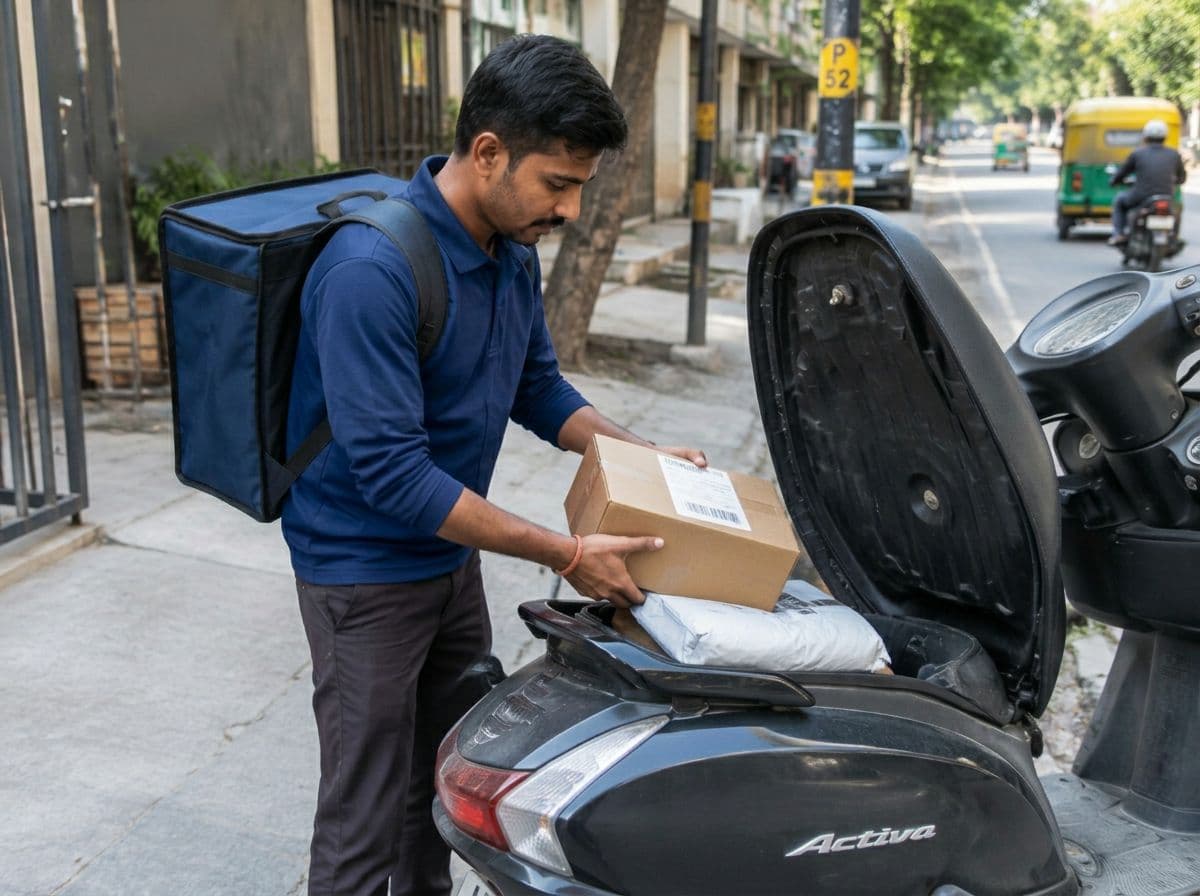 Delivery person placing a parcel into a scooter's storage box
