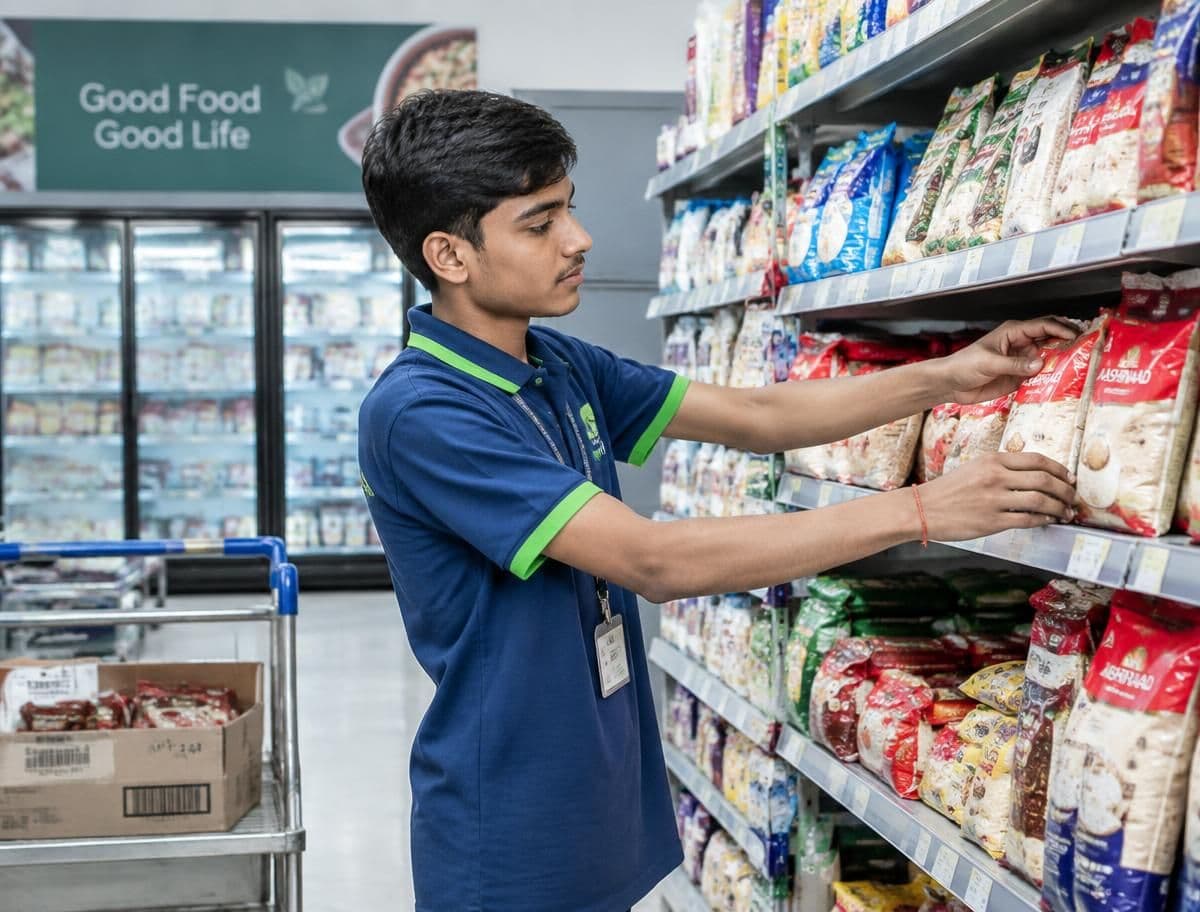 Store support staff member arranging products on a shelf