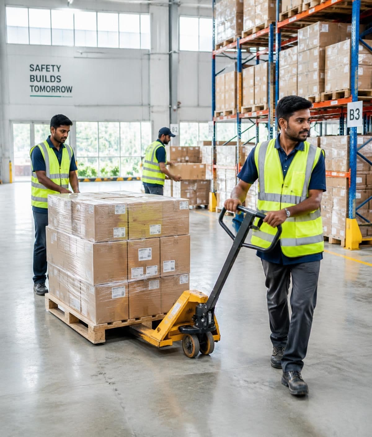 Warehouse helpers handling a pallet of cartons with a pallet jack