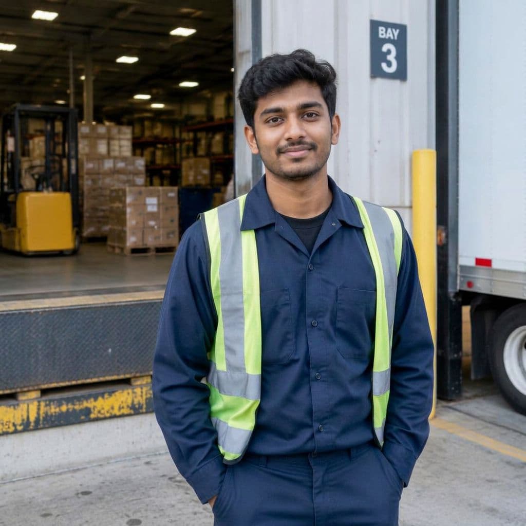 Worker in a safety vest at a warehouse loading bay